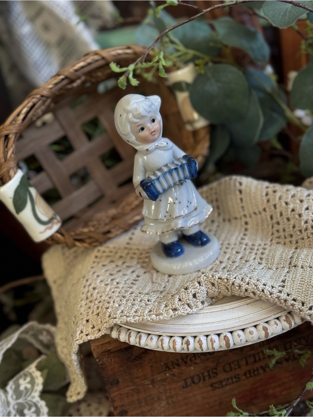 Vintage White and Blue Porcelain Girl Figurine
